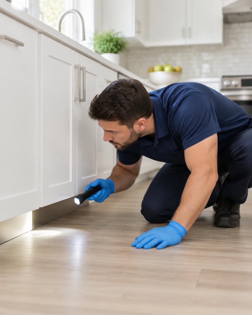 Técnico realizando inspeção sob armários de uma cozinha limpa durante atendimento de controle de pragas